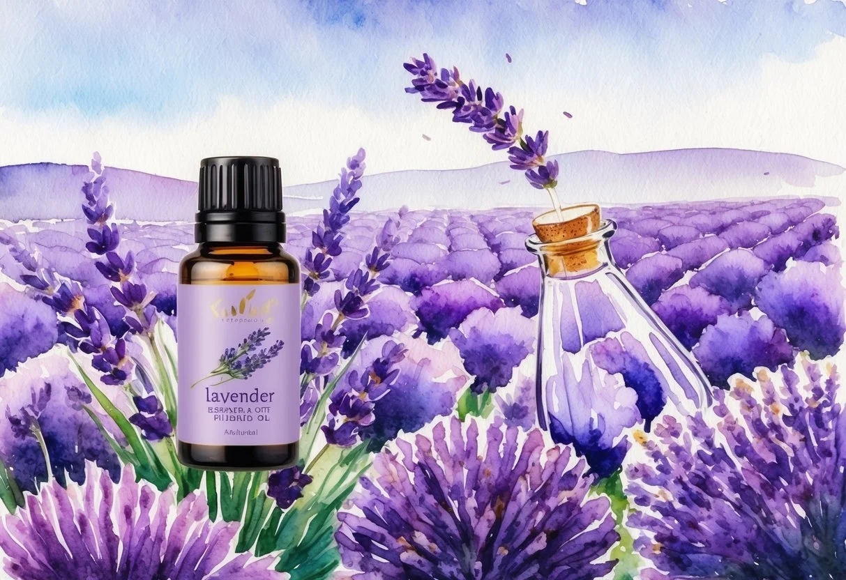 A serene lavender field with blooming flowers and a bottle of lavender essential oil being diffused into the air