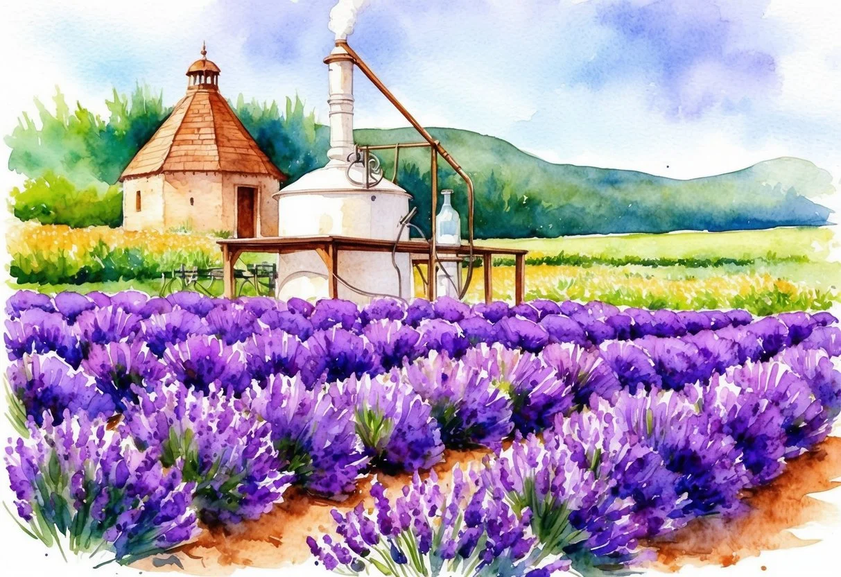 A field of blooming lavender with a distillation setup in a historical setting