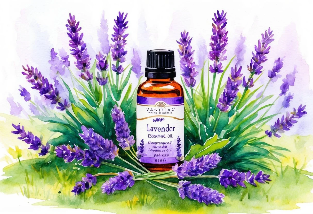 A bottle of lavender essential oil surrounded by blooming lavender plants in a peaceful garden