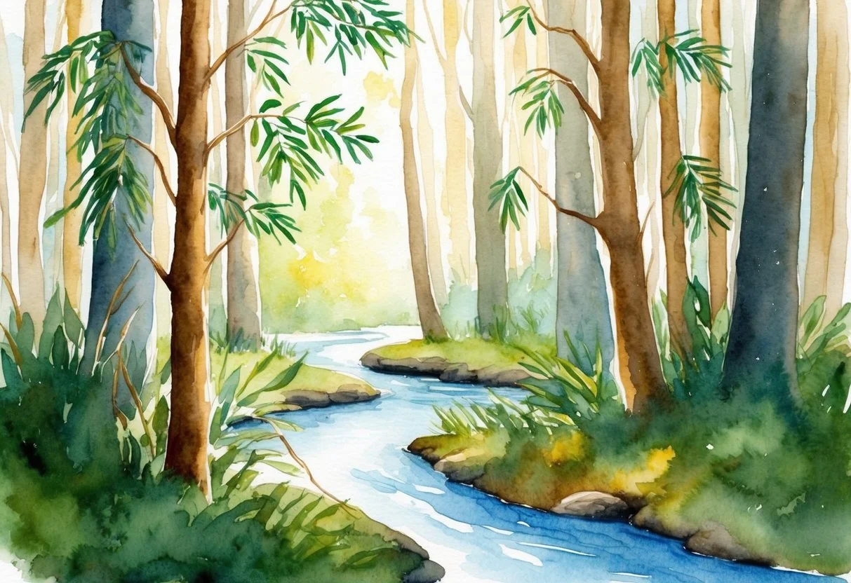 A serene forest with tea tree leaves and branches, surrounded by a clear stream and sunlight filtering through the trees