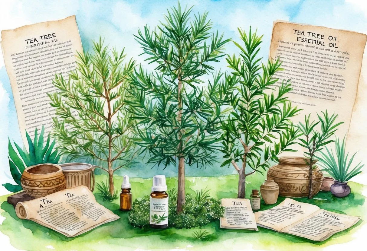 A serene botanical garden with tea tree plants, surrounded by historical artifacts and documents detailing the benefits and usage of tea tree essential oil