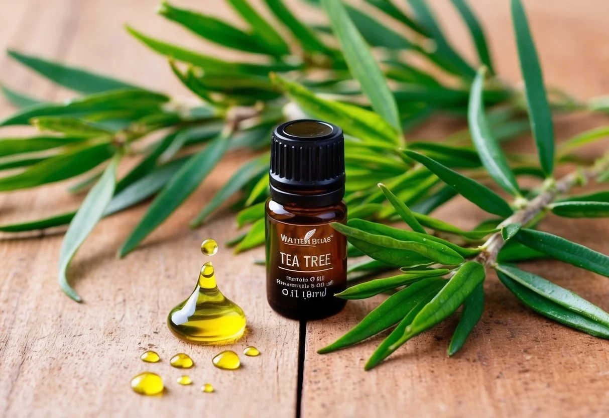 Tea tree essential oil bottle surrounded by fresh tea tree leaves and small droplets of oil on a wooden surface