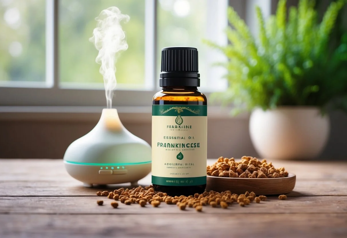 Une scène sereine d'une bouteille d'huile essentielle d'encens entourée de résine d'encens aromatique et d'un diffuseur, avec une douce lumière filtrant par une fenêtre.