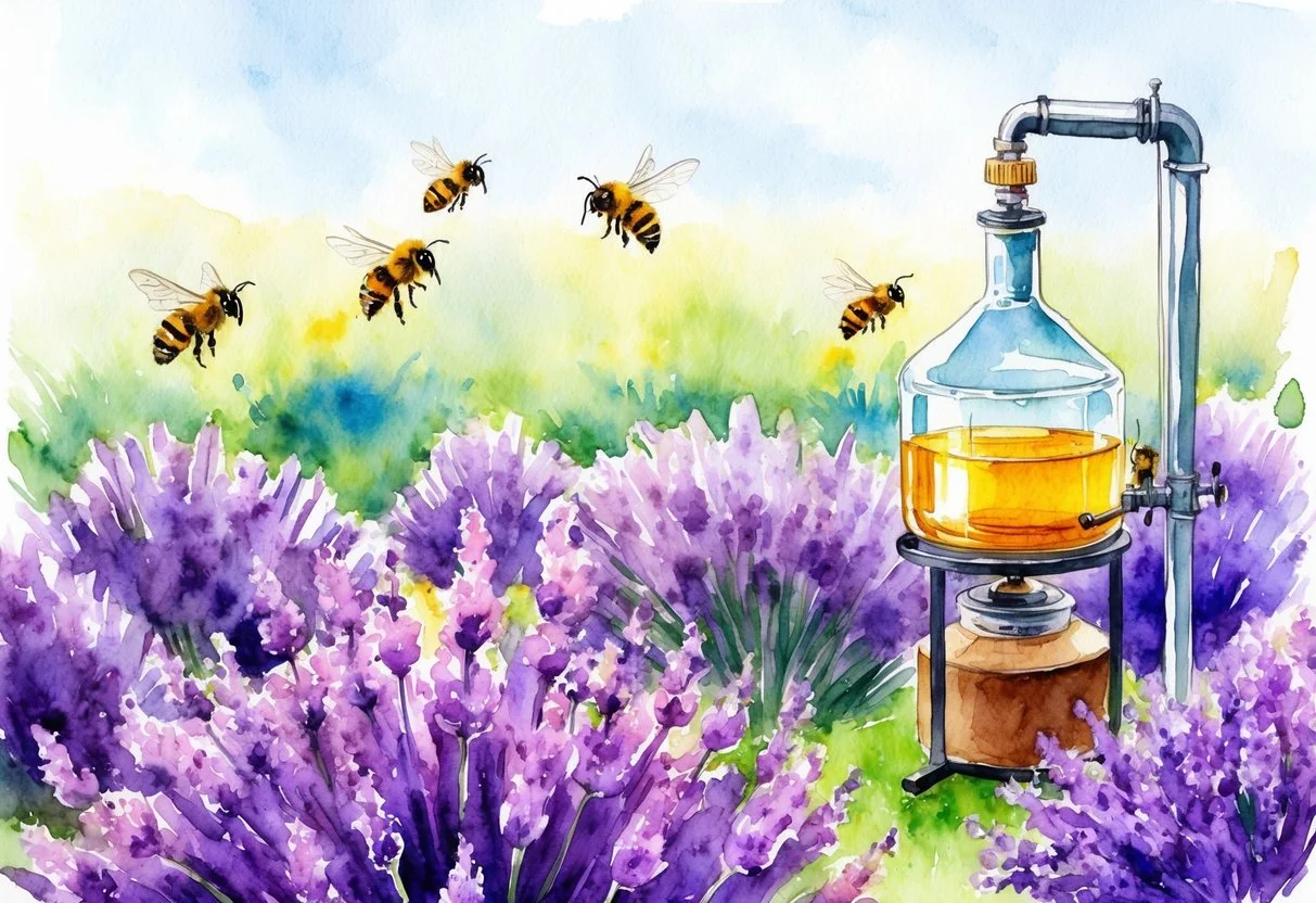 Un champ de lavande en fleurs avec des abeilles bourdonnant autour, et un appareil de distillation extrayant de l'huile essentielle